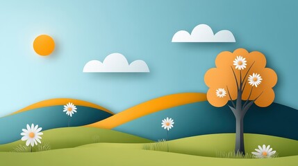 Fototapeta premium Open fields with blooming trees and blue sky, flat design illustration