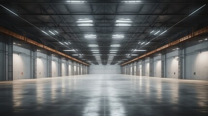Naklejka premium Expansive Interior of Large Empty Warehouse with Ceiling Lights and Polished Concrete Floor, Ideal for Storage or Industrial Use