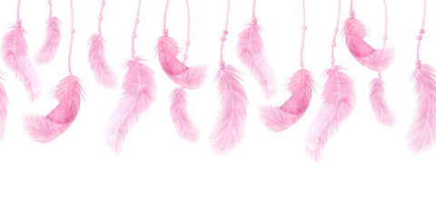 Delicate pink watercolor feather with ribbon beads seamless border banner for Valentine's Day or wedding. Concept love. Hand drawn illustration on white background. For website, backing, backdrop