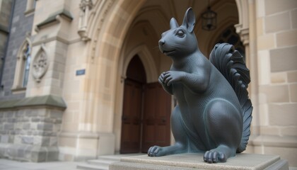 Elegant bronze squirrel statue with a cane in front of a historical building. 