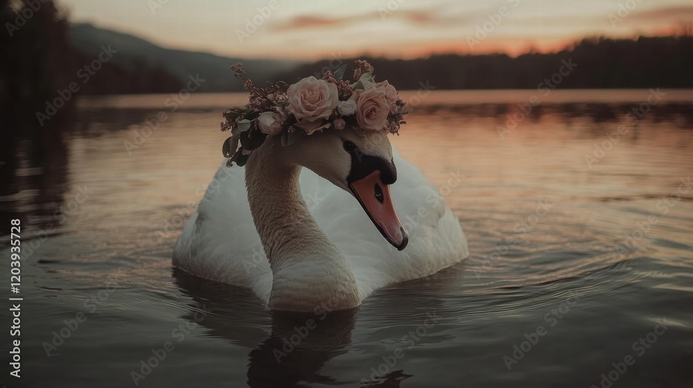 Poster elegant swan adorned with flowers swimming in tranquil lake during sunset in a natural setting. gene