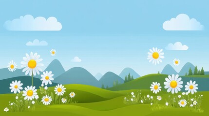 Obraz premium Spring meadow, blooming wildflowers, flat design illustration