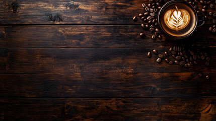 Latte Art Coffee Cup with Coffee Beans on Rustic Wooden Table
