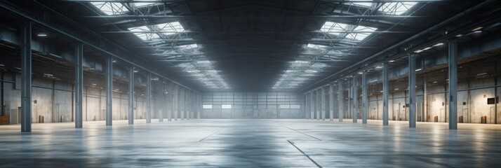 Obraz premium Expansive Interior of a Large, Empty Warehouse with High Ceilings, Industrial Lighting, and Concrete Floor for Commercial Use and Storage Needs