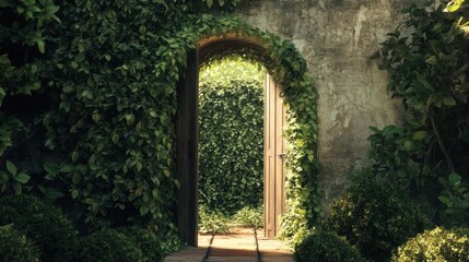 An open wooden archway door surrounded by climbing green vines leading into a green garden
