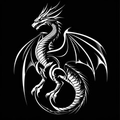 Fototapeta premium Majestic white dragon, fantasy art, black background, mythical creature, design