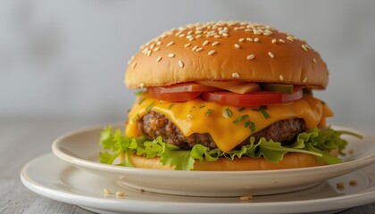 Classic cheeseburger with melted cheese, fresh lettuce, tomato, and pickles served on a sesame seed bun.