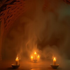 Candles burning in smoky arched room.