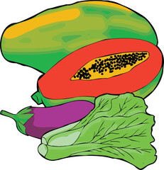 Green mustard greens, eggplant and papaya are vegetables and fruits that are sources of protein and vitamins.