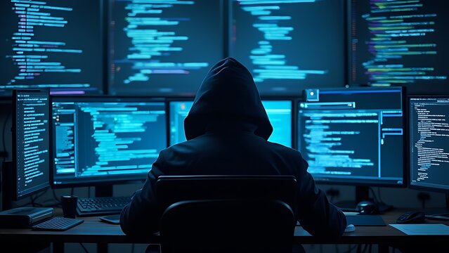 hacker front of his computer committing digital cybercrime