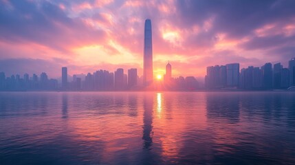 Obraz premium Cityscape at Dawn, a breathtaking view of the skyline with vibrant colors reflected on the tranquil water
