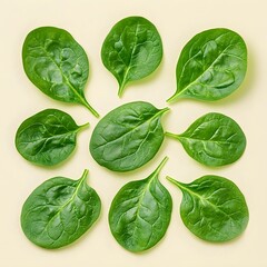 Obraz premium Fresh spinach leaves arrangement on light background food photography culinary arts minimalist aesthetic appeal