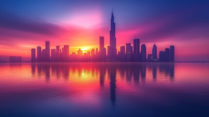 Fototapeta premium City Skyline at Sunset Reflecting on the Water with Vibrant Pink and Orange Hues creating a Mesmerizing Scene