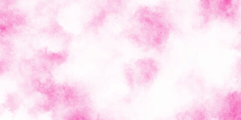 Paint leaks and ombre effects hand painted cloudy pink paper texture, Soft smeared aquarelle painted pink texture, Abstract pink sky background and white clouds on pink canvas.