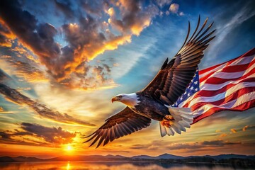 Fototapeta premium Patriotism: Double Exposure American Flag with Eagle and Sky Stock Photo