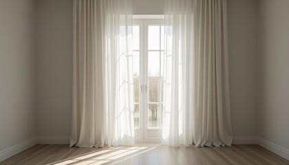 Fototapeta premium Bright window with flowing white curtains allowing soft sunlight to fill the room. Minimalistic and serene interior for peaceful living.