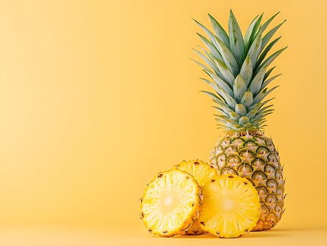Slicing fresh pineapple kitchen counter food photography bright yellow background close-up tropical flavor