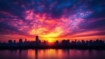 Fototapeta premium Vivid Sunset Over Cityscape with Reflective Water Creates a Dramatic Skyline
