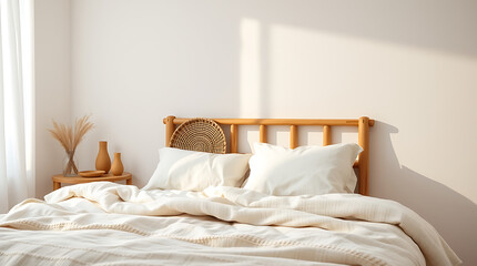 Calming Minimalist Bedroom Interior Design: Wooden Bed, Soft Bedding, and Sunlight