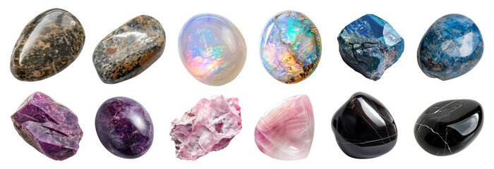 Collection set of gemstone mineral rocks crystal semi-precious stones on transparent cutout PNG. Onyx, Purpurite, Nepheline, Opal, Papagoite, Petalite. Many different style. Mockup template for artwor