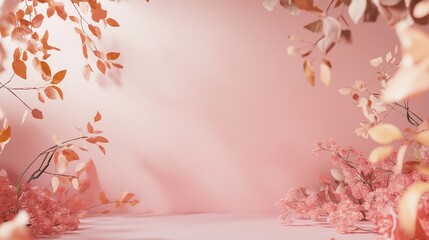 Soft pink backdrop with delicate foliage accents