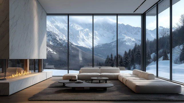 Aesthetic minimalist apartment interior with fireplace. Panoramic big windows. Modern design. Winter landscape with mountain view.