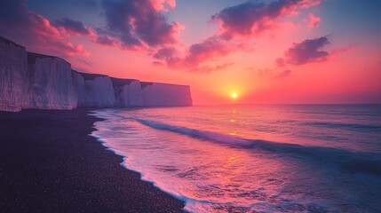 Obraz premium A breathtaking sunset over the ocean with dramatic cliffs and pink clouds painting the sky a magical scene of serene beauty
