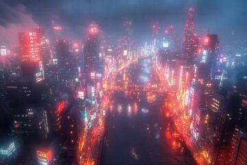Fototapeta premium a soaring aerial view of tokyo at midnight neon signs and digital billboards creating rivers of light between towering skyscrapers cyberpunk atmosphere with misty rain