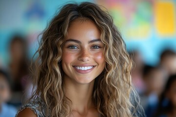 a smiling women teacher engages with her classroom radiating warmth and positivity while inspiring her students in a bright and nurturing educational environment