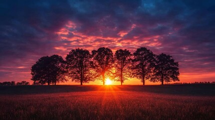 Golden sunset with silhouetted trees creating an dramatic landscape view, with a red sky over a field