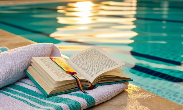 Open book and colorful striped bookmark on swimming pool edge during sunny day