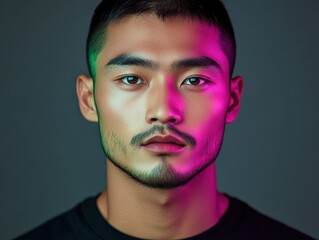 Portrait of a young man with striking features illuminated by colorful lighting against a dark background