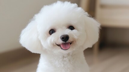 Happy White Dog with Fluffy Coat Sitting Indoors with Joyful Expression