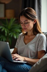 Fototapeta premium A woman is working on a laptop on the couch