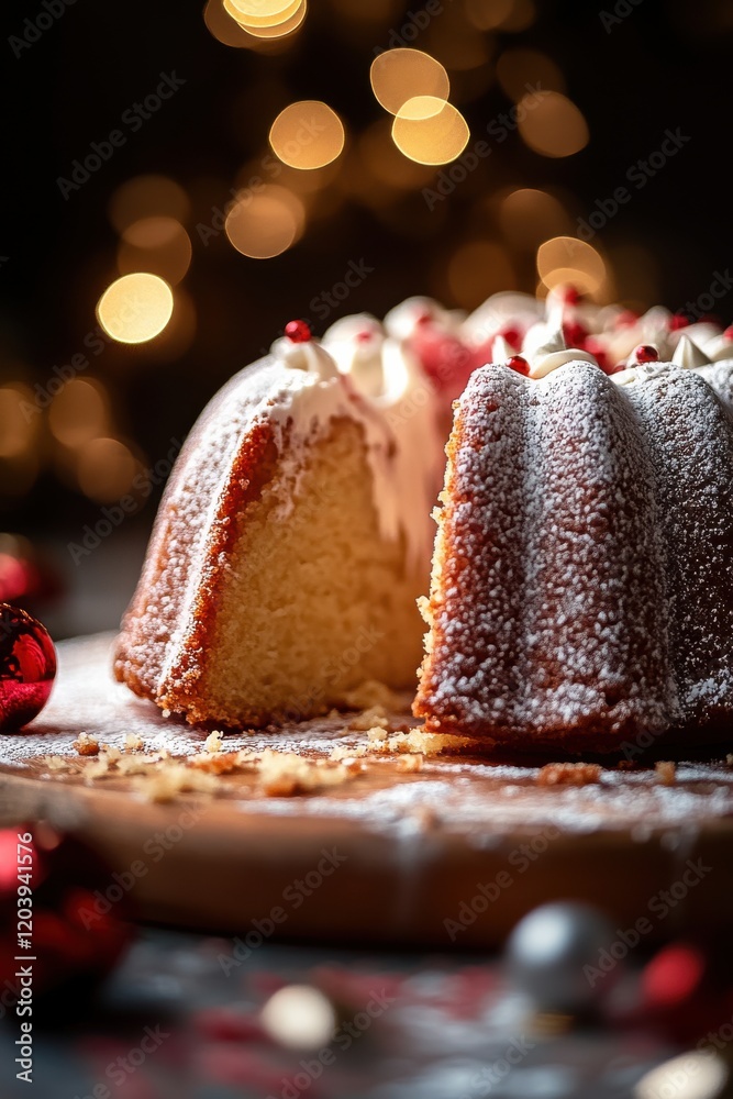 Sticker Delicious holiday bundt cake decorated with frosting and festive sprinkles on a wooden table with sparkling lights in the background