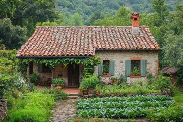 Obraz premium A charming countryside home with a vegetable garden in full harvest.