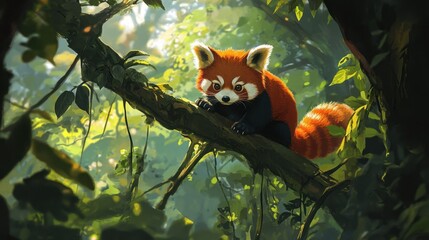 Naklejka premium Red Panda Sitting on Tree Branch in Lush Green Jungle Scene