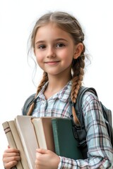 College girl student smiling outdoors with books during a sunny day on campus