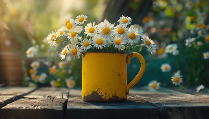 Obraz premium Spring - Chamomile Flowers In Teacup On Wooden Table In Garden