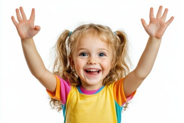 Excited girl with bright smile raising hands in joyful expression against white background