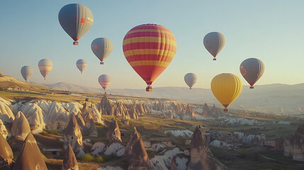 Obraz premium Colorful hot air balloons soaring over unique rock formations at sunrise.