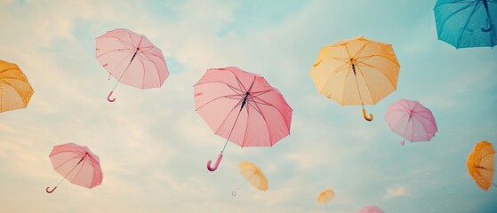 Obraz premium Colorful Umbrellas Floating Gently In The Sky