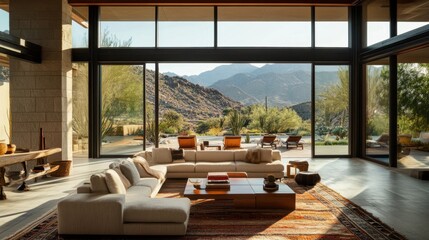 Fototapeta premium Modern Living Room with Scenic Mountain View and Natural Light