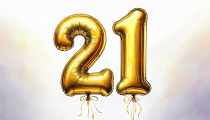 Gold birthday / anniversary party balloon, number 21, watercolor painting with white background