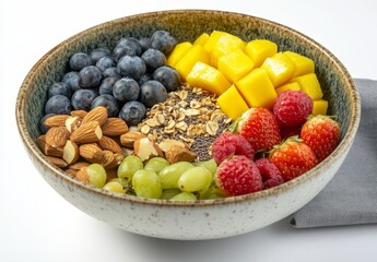Colorful fruit and nut breakfast bowl with oatmeal, blueberries, mango, raspberries, strawberries, almonds, and green grapes.