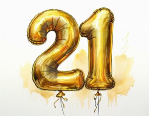 Gold birthday / anniversary party balloon, number 21, watercolor painting with white background