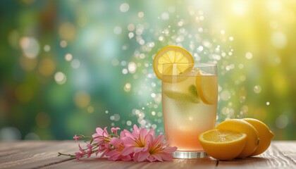 Refreshing Pink Lemonade in Tall Glass with Ice Cubes and Sliced Lemons, Perfect for Summer Drinks and Outdoor Parties