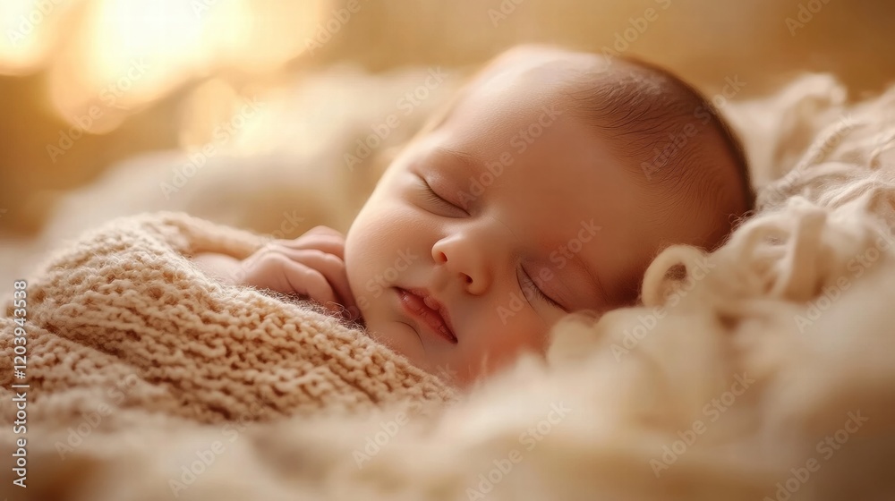 Poster Softly sleeping newborn wrapped in cozy blanket with warm light creating a serene atmosphere in the background. Generative AI