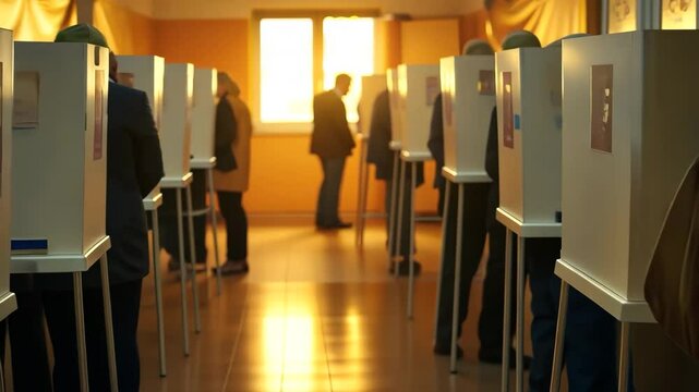 Voters casting ballots in a dimly lit polling station with privacy booths.