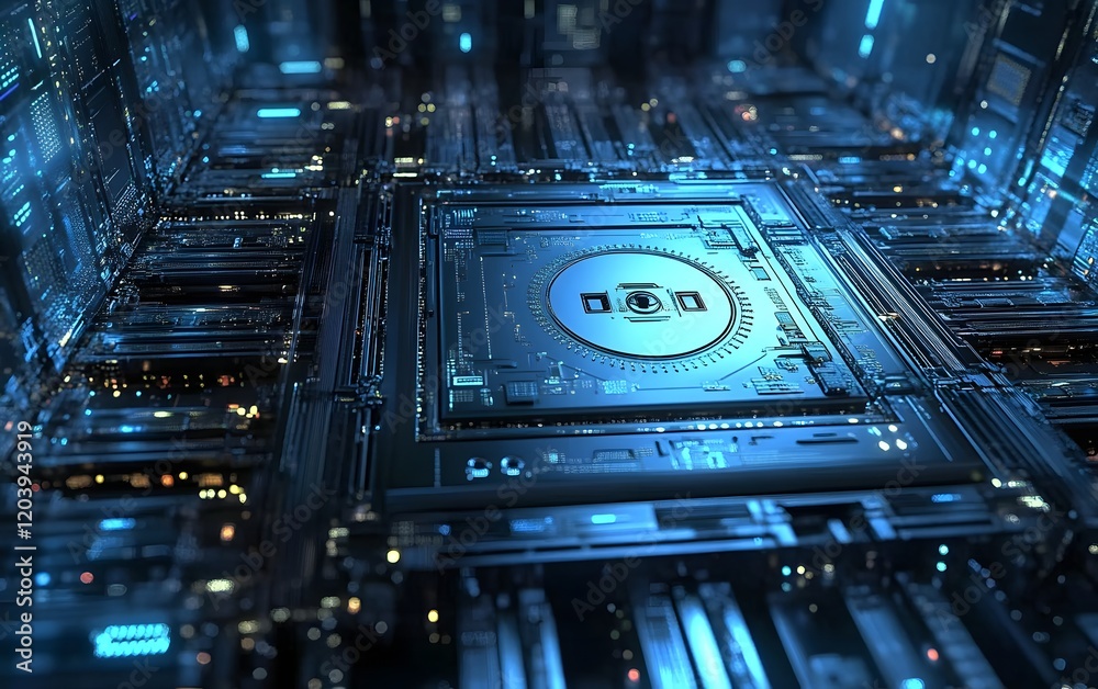 Poster a close-up view of a futuristic circuit board with luminous blue lights and intricate designs, repre